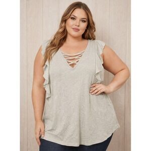 Doe & Rae Plus Size 1X Light Gray Ribbed Lace Up V Neck Flutter Sleeve Tank Top